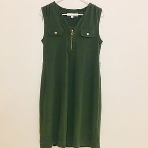 Long, olive green, silk, pockets, zippers